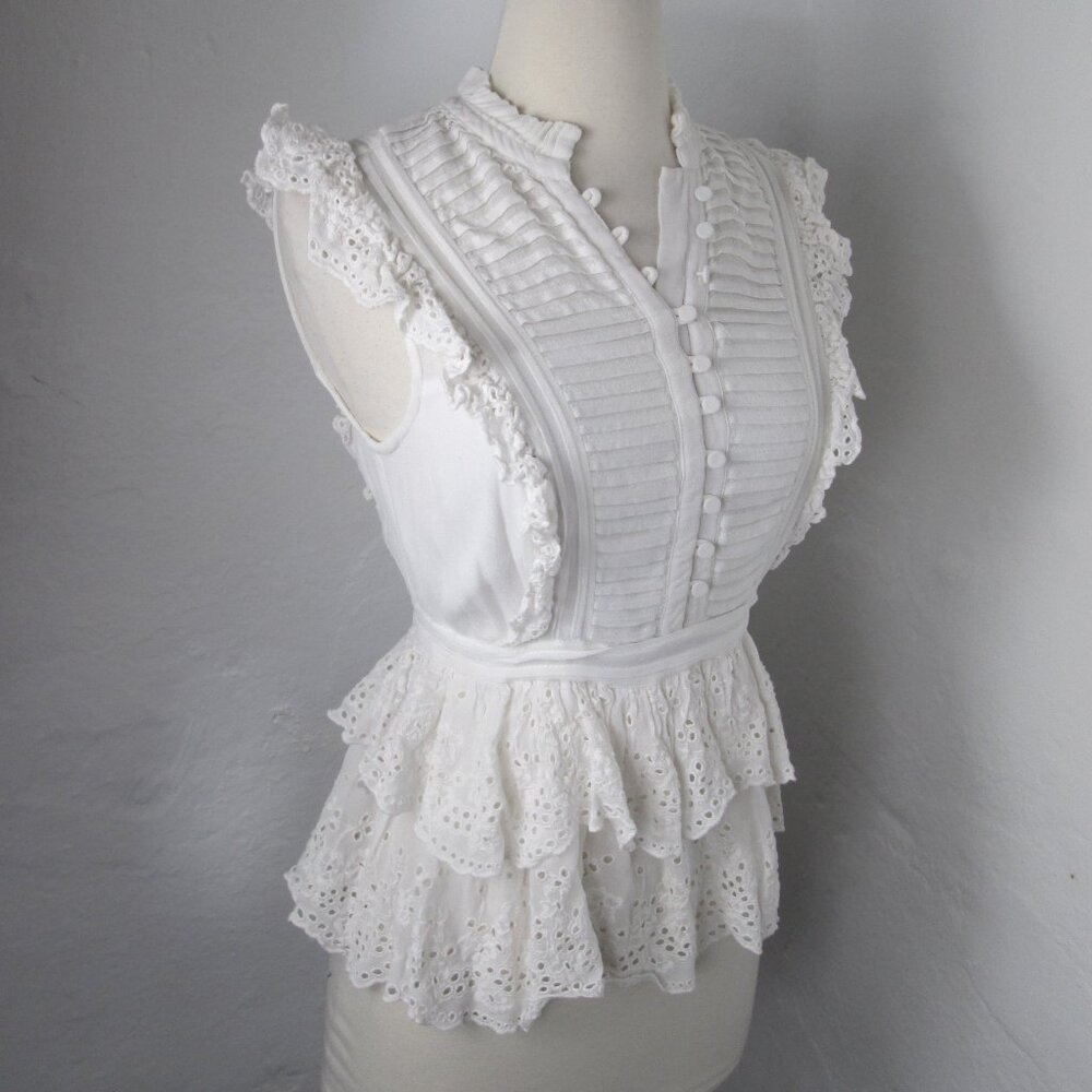 All Saints Lola Eyelet Embroidered Blouse Top Ruffle Pintuck Floral Size 2